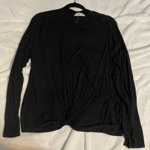 Mock neck twist front black long sleeve blouse